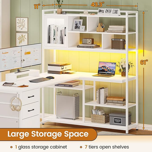 SEDETA L Shaped Computer Desk, 58'' Office Desk with 3 Drawers and Bookshelf, L Shaped Corner Desk with Storage Shelves and LED Light for Home Office, Gaming Desk, L Desk, White