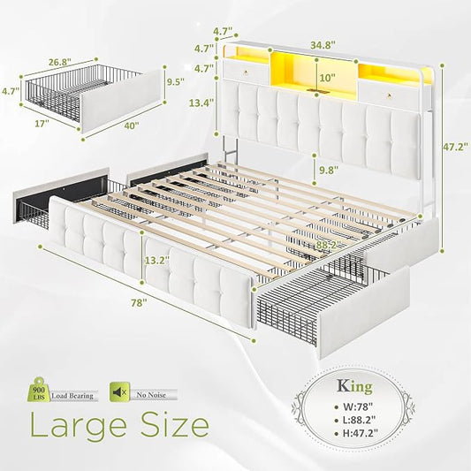 EnHomee King Size Bed Frame with 6 Storage Drawers and LED Lights,Bed Frame King Size with Velvet Upholstered Headboard and Charging Station,No Box Spring Needed,Noise-Free,Easy Assembly,Modern,Beige