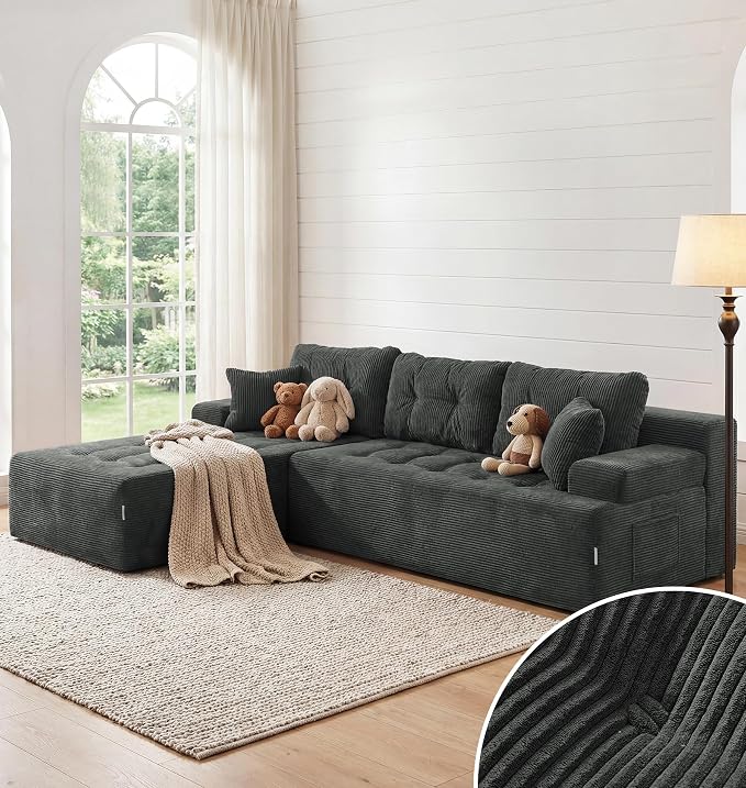 Hobestluk Modular Sectional Sofa Couches L-Shape Couch 3 Seat Modular Sofa Memory Foam Sectional Couches for Living Room, Cloud Couch with Oversized Chaise (Charcoal Corduroy, 108", Left Hand Facing)