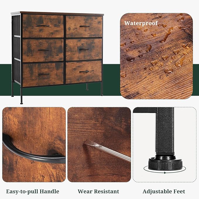 6-Drawer Dresser for Bedroom, Anti-Tip Wide Storage Organizer Chest of Drawers with Wooden Top and Metal Frame Fabric Bins for Closet, Living Room, Hallway, Entryway, Brown