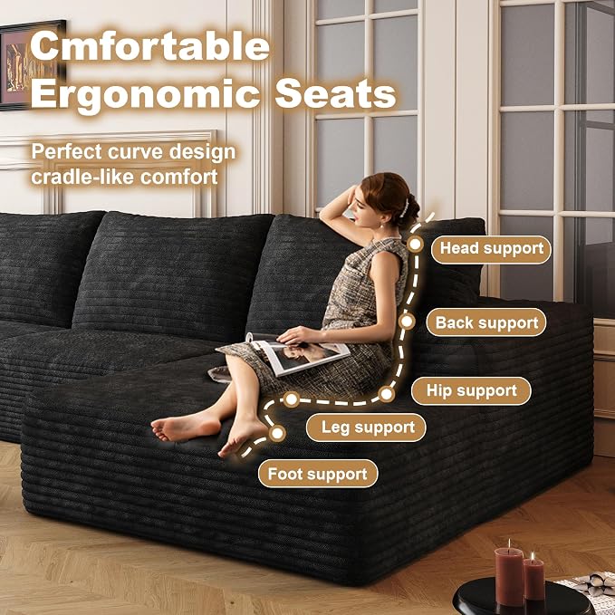 AUGOP 136" Sectional Couches for Living Room Modern Modular Sofa with L-Shape Couchs Upholstered Boneless Couch Deep Seat Sectional Couch with Chaise (Black, Right Facing Chaise+3Seaters+Ottoman)