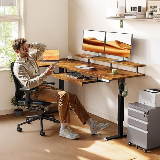 OffiGo 63 Inch Electric L Shaped Standing Desk with Keyboard Tray, Reversible Height Adjustable Corner Computer Desk with Monitor Stand, Sit Stand Up Lift Table for Home, Office, Rustic Brown