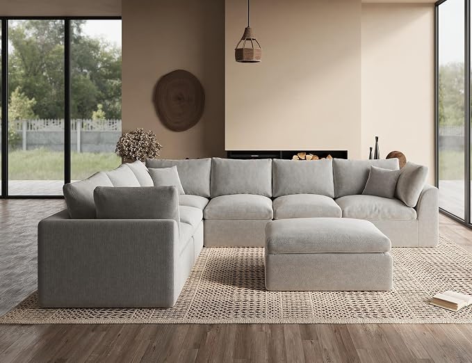 ohllob Oversized Cloud Couches for Living Room, Boneless Sectional Couch with Ottoman, 7 Seater Large Modular Sectional Sofa, Light Grey