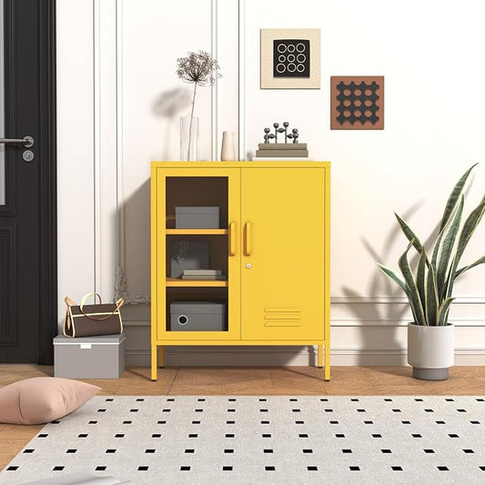 Yellow Lockable Glass & Metal Door Storage Cabinet, 3-Tier Freestanding Locker Organizer with 2 Adjustable Shelves, Multipurpose Unit for Home, Entryway, Hallway, 33" H x 29.5" W x 13.8" D