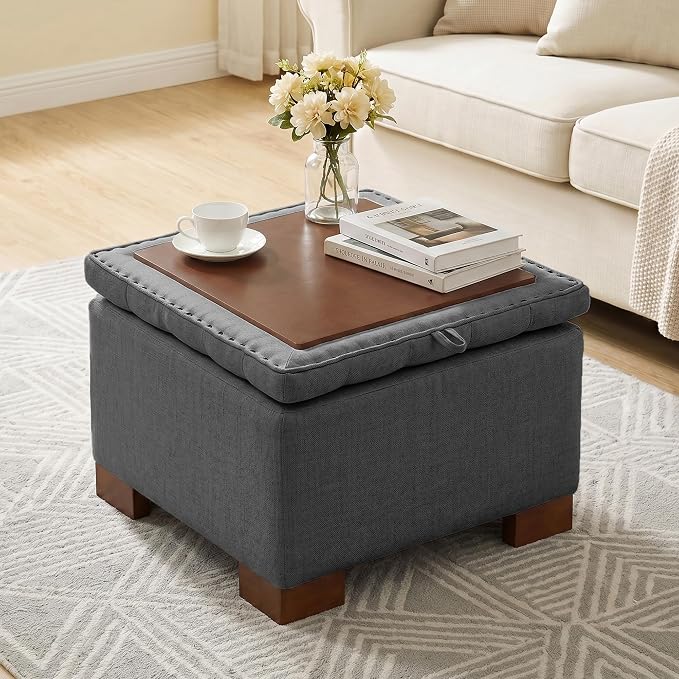 24 Inch Square Storage Ottoman Coffee Table, Modern Tufted Upholstered Ottoman with Flip Tray and Solid Wood Legs, Suitable for Living Rooms, Linen Grey