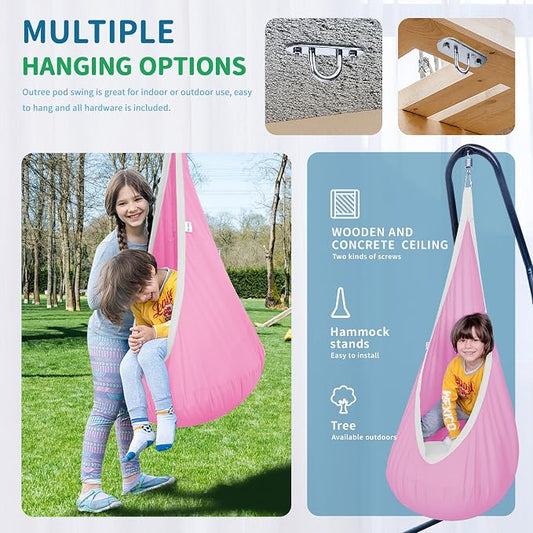OUTREE Kids Pod Swing Seat, Cotton Child Hammock Swing Chair,Sensory Swing for Indoor and Outdoor Use, Pink