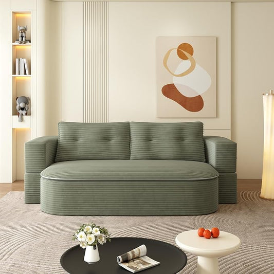 78.7" Futon Sofa Bed, 2-in-1 Foldable Sleeper Sofa, Convertible Floor Couch with Pillows, Corduroy Couch, Multi Functional Blanket, Upholstered Boneless Couches for Living Room, Forest Green