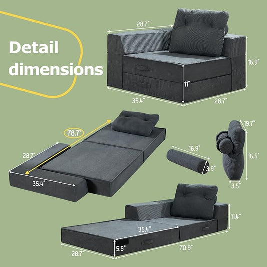 Folding Sofa Bed, 4 in 1 Convertible Sleeper Chair with Pillow, Standard Memory Foam Fold Out Chair Bed, Modern Floor Futon Sofa Couch Mattress for Living Room/Guest/Apartment, Black Grey