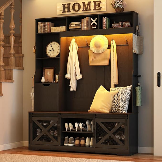75''H 59''W Large LED Farmhouse Hall Tree with Bench and Shoe Storage,Entryway Bench with Coat Rack,16 Shoe Cubbies & Umbrella Holder and Sock Storage Drawer,Mudroom/Hallway Storages Cabinet(black)