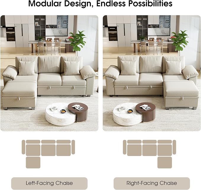 86" Modular Sectional Sleeper Sofa Bed, L Shaped 4 Seat Pull Out Couch with Storage Ottoman, Convertible Cloud Couch Bed, Sectional Couches for Living Room, Apartment (Sand)