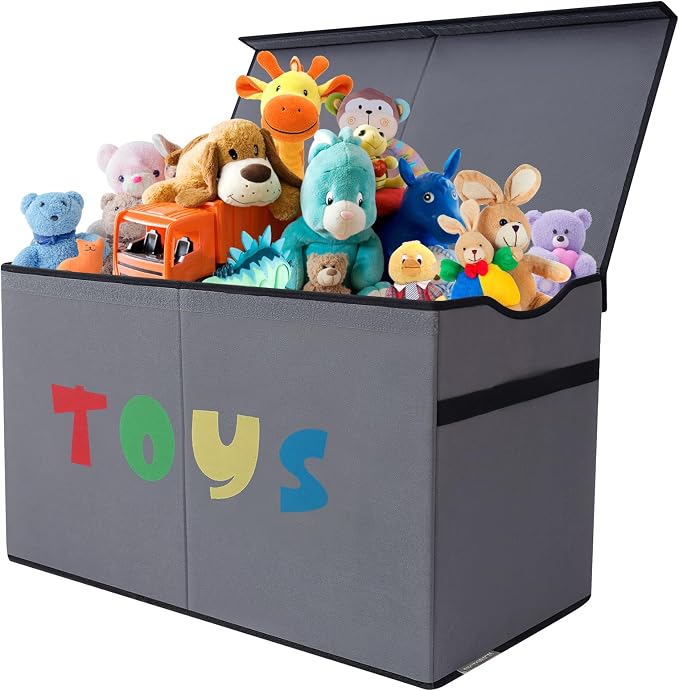 YOLOXO Toy Box Chest, Collapsible Sturdy Storage Bins with Lids, Extra Large Kids Toy Storage Organizer Boxes Bins Baskets for Kids, Boys, Girls, Nursery Room, Playroom, Closet (A-TBX-GRAY-MULTI)