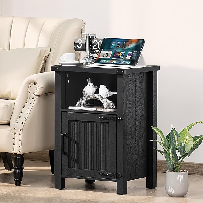 Joaxswe Night Stand, 18 Inch Farmhouse Nightstand with with Charging Station and USB Port, Rustic Couch End Table with Magnetic Door, Wood Bed Side Tables for Bedroom, Home, Black