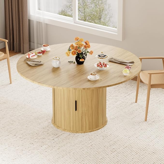 Dining Table for 4-6,59“Extendable Round Dining Room Kitchen Table with Storage,Round Table for Living Room,Fluted Wood Table with Slide Door,Expandable Oval Dinner Furniture with Pedestal Base,Oak