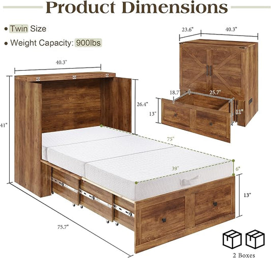 LUXOAK Twin Murphy Bed with 6" White Tri-Fold Memory Foam Mattress, Storage Drawer & Charging Station, Space-Saving Design for Home Office or Guest Room, Barnwood