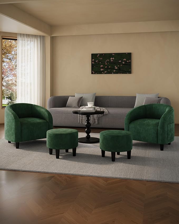 GarveeHome Accent Chair with Ottoman, Velvet Barrel Chair, Luxury Accent Armchair with Footstool for Reading Room Bedroom, Retro Green