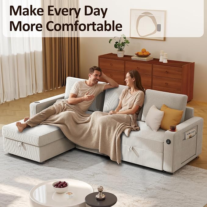 Ball & Cast 80" Sectional Sleeper Sofa Bed Pull Out Couches for Living Room | L Shaped Convertible Pull Out Sofa Bed with Storage Chaise, Foldable Table, USB Port, Cup Holder, Side Pocket for Small Space