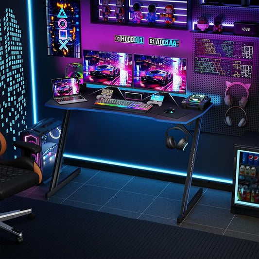 BestOffice Gaming Desk Z Shaped 47 inch PC Computer Desk Computer Workstation Ergonomic Gaming Table with Headphone Hook for Game Players, Black&Blue