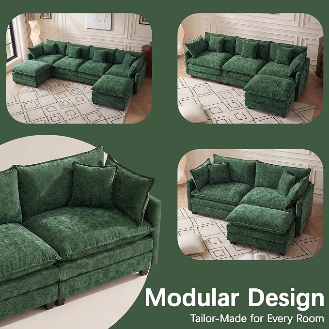 Oversized Loveseat Sofa, 70" Sectional Cloud Couch, 2 Seat Modern Comfy Sofa Chenille Deep Seat Couches with 2 Pillows, for Small Apartment, Bedroom, Living Room(Green 70" Loveseat)