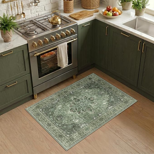 RELEANY Area Rugs Small 2'x3' Washable Non-Slip, Floral Vintage Distress Medallion Carpet for Kitchen Entryway Bathroom, Dark Green Gray