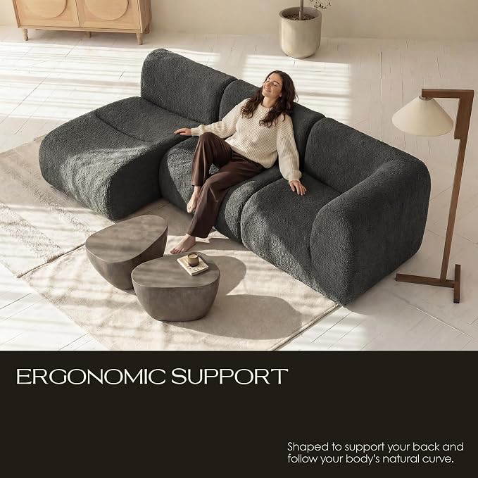 34" Curved Single Sofa Chair, Foam Boneless Sherpa Couch with Deep Seat, Comfy Teddy Sofas for Living Room, Bedroom, Apartment, Modern Sectional Modular Couches – No Assembly, Grey