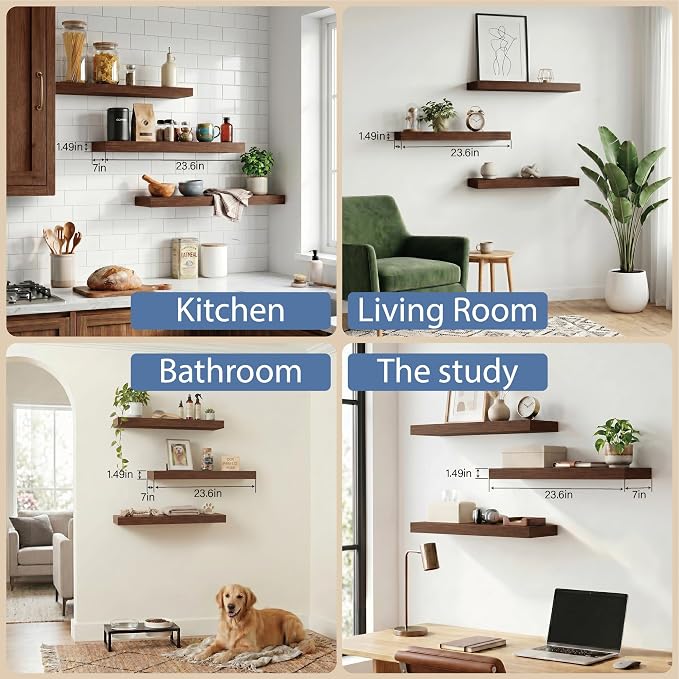 Floating Shelves for Wall, Bathroom Shelves Over Toilet, Wall Shelves & Book Shelf for Room, Hanging Shelf, Modern Wooden Mounted Floating Shelves, 24x7x1.5 in (Walnut-Like, Set of 3)