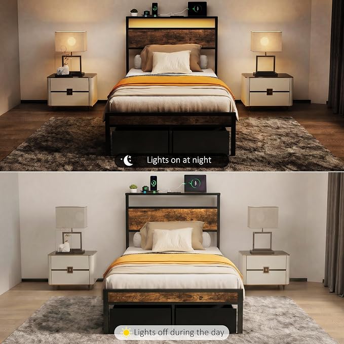 Twin Bed Frame with 2 Drawers and Storage Headboard, Metal Platform with LED Lights and Charging Station, No Box Spring Needed, Noise Free, Easy Assembly