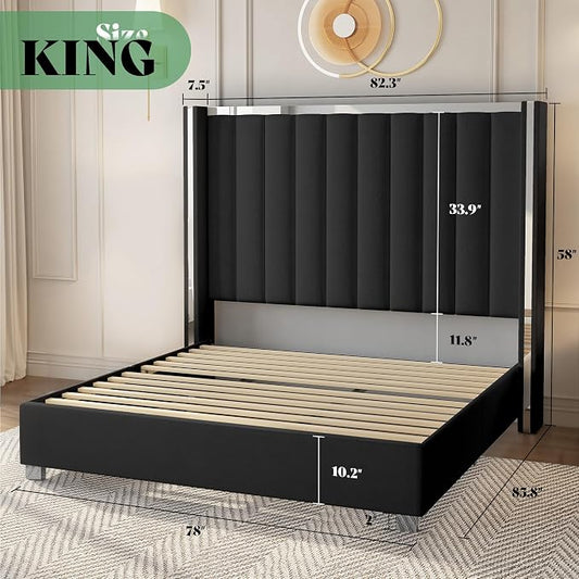 AMERLIFE 3-Piece Modern Bedroom Set King – Black Upholstered Bed Frame with 58" Wingback Headboard and 2 White Nightstands
