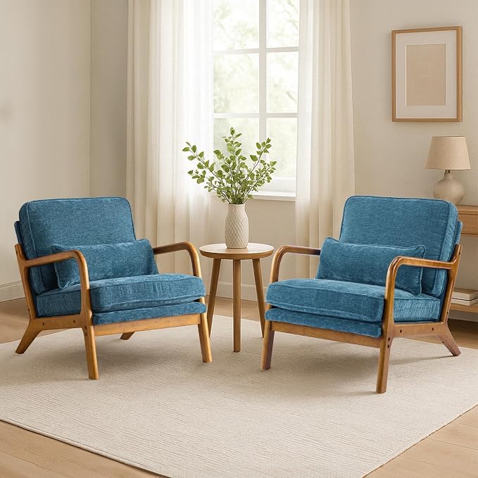 Karl home Mid Century Modern Accent Chair with Lumbar Pillow & Oak Arms – Plush Chenille Living Room Chair for Bedroom, Lounge (Blue)