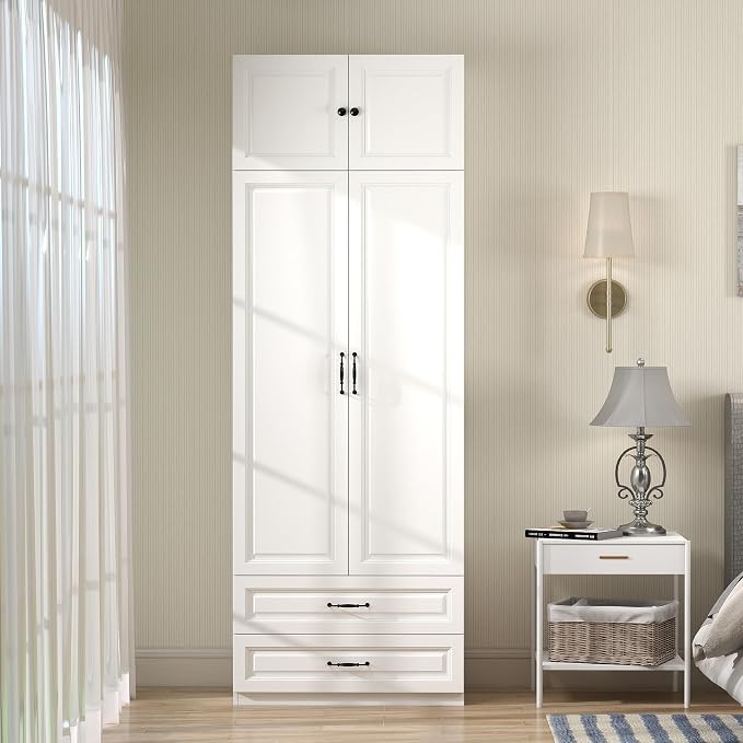 White Armoire Wardrobe Closet: 88" Extra Tall Wardrobe Closet with 2 Drawers, Bedroom Armoires with 2 Doors, Wood Large Armoire with Top Cabinet (White, 31.5")