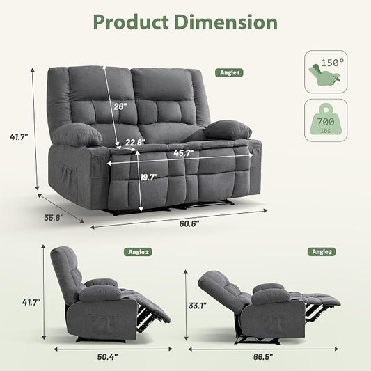 Loveseat Recliner Sofa with Massage and Heat, Wall Hugger Reclining Loveseat with USB Port, Cup Holders & Pockets, 2-Seat Recliner for Living Room, RV, Home Theater, Reclining Couch, Grey