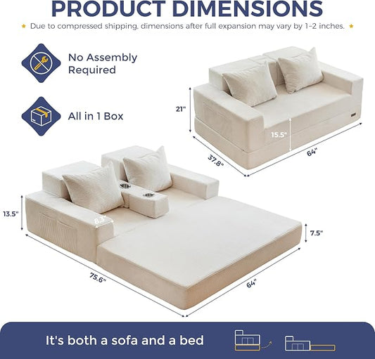 MAXYOYO Loveseat Sofa Bed, 64" Foldable Floor Sofa Couch in A Box with 2 Cup Holders, 4 in 1 Convertible Boneless Couch Folding Recliner Chair for Living Room, No Assembly Required, Beige