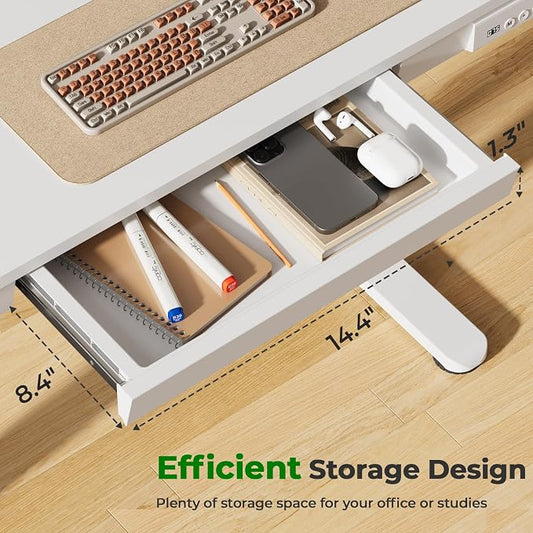 Electric Standing Desk with Drawer, 35" x 20" Whole Piece Tabletop Small Sit Stand Desk, Height Adjustable Desk with Storage & USB Ports, Quick Install Home Office Computer Desk, White