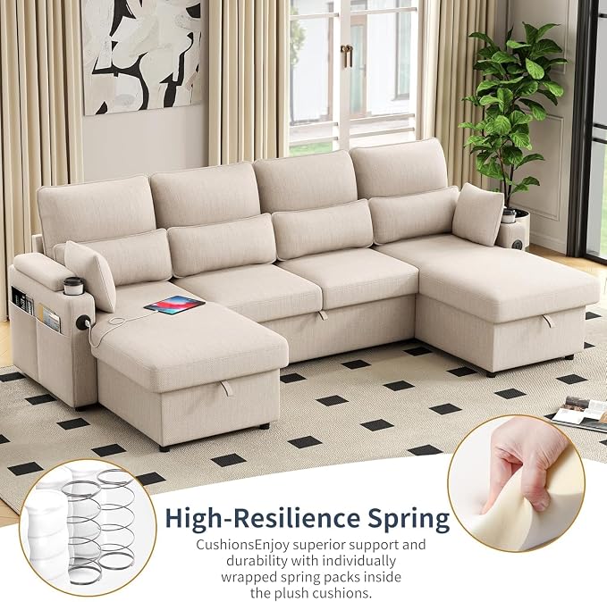 81" L-Shaped Sectional Sofa with Storage, Reversible Sleeper Sofa Couch with Chaise, Soft Fabric Upholstered Modular Couch with Cup Holder & Side Pockets, 1000lbs Capacity for Living Room