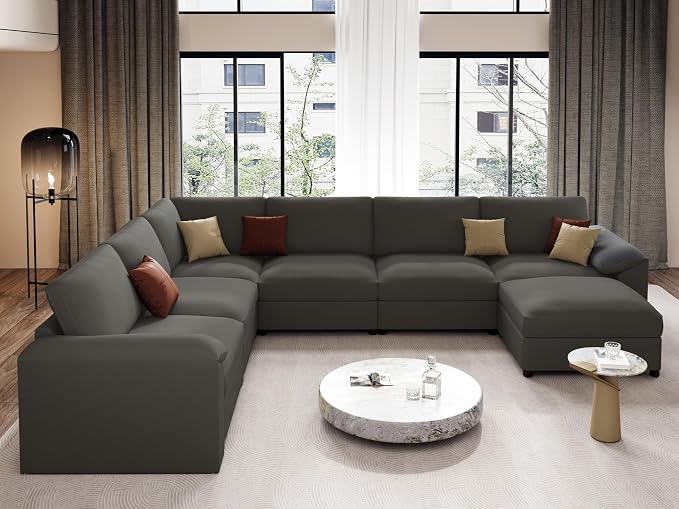 EASE MOOSE Large Faux Leather Sectional with Ottoman, Oversized Modular Couch, Modular Sectional Sofa with Deep Seat, Scratch Resistant Faux Leather Material, U Shaped Couch for Big Spaces, Grey