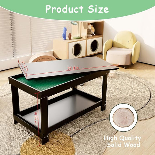 2 in 1 Kids Activity Train Table with Board and Storage, Wooden Play Table for Arts Draw, Building Blocks, Reading
