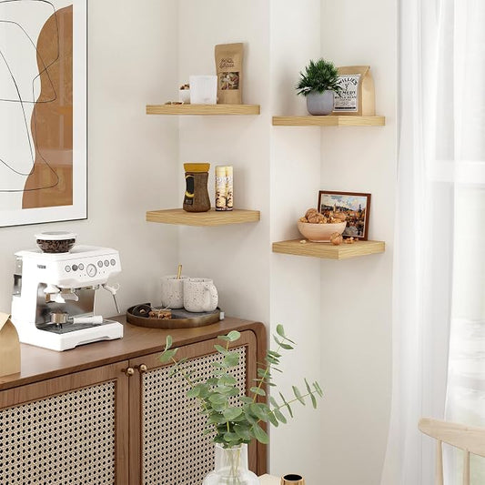 Fun Memories Square Floating Shelves for Wall - 9.3 Inch Deep Floating Shelves with Invisible Brackets, Oak Small Wall Shelf for Living Room, Bathroom, Bedroom, and Kitchen Decor Set of 4
