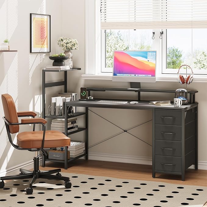 59 Inch Gaming Desk with Power Outlet and LED Lights, Computer Desk with 4 Drawers & Storage Shelves, Reversible Home Office Desk with Monitor Stand for Small Space Bedroom, Carbon Fiber Black