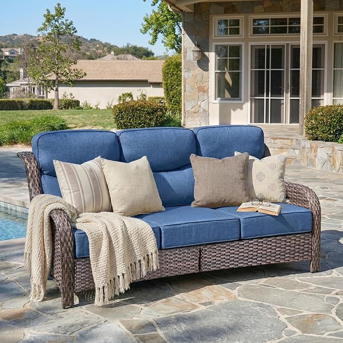 Belord Luxury 6" Thick Cushioned PE Wicker 3-Seater Outdoor Couch, All-Weather Comfortable Modern Patio Sofa, High Back Deep Seat Woven Outdoor Furniture for Porch Balcony, Lawn, Deck - BrownBlue