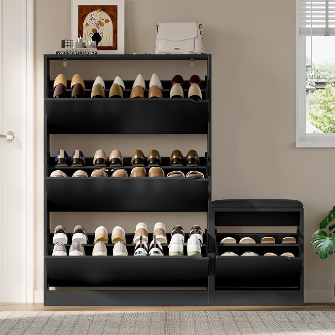 BORNOON Shoe Cabinet with Bench and 3 Flip Drawers, Slim Narrow Shoe Storage Cabinet, Freestanding Shoe Rack Organizer with Adjustable & Removable Shelves, Anti-Tip for Entryway, Hallway, Foyer