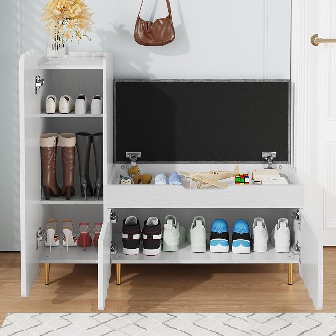 3More Shoe Organizer Cabinet,Entryway Bench with Adjustable Shelves and Cushioned Seat,Unique L-Shaped Bench Cabinet for Entryway, Hallway, Living Room