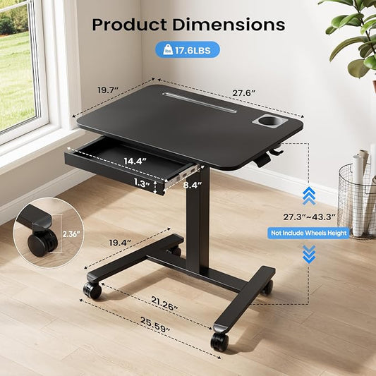 Monomi Mobile Standing Desk with Drawer, 28" Rolling Desk with Cup Holder and Hooks, Portable Laptop Cart on Wheels, Height Adjustable Workstation with Storage for Home Office, Black
