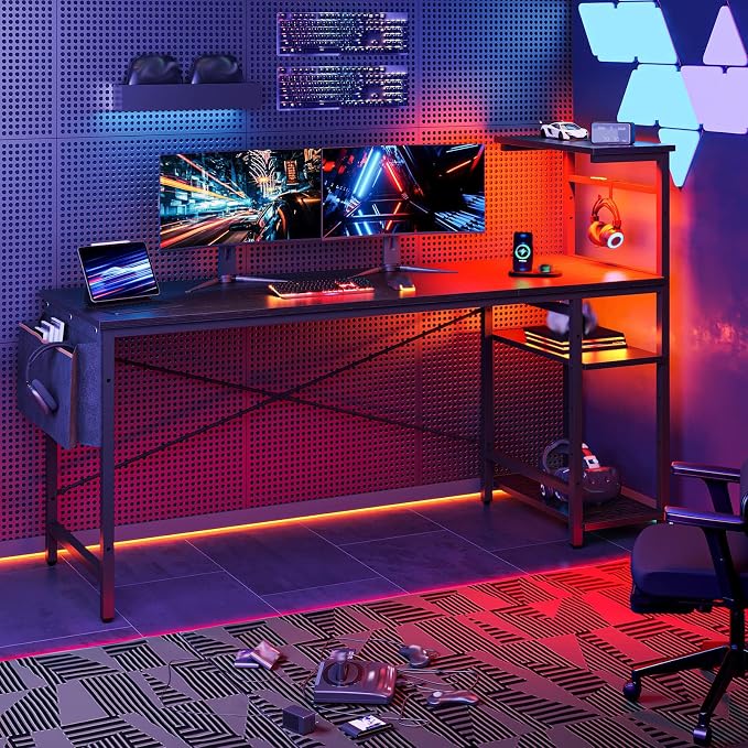 Bestier 61 Inch Gaming Desk with LED Lights, Reversible Shelves, Height Adjustable Shelf, Steel Frame, CARB P2 Class Board, Black 3D Carbon Fiber