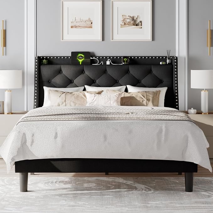 Feonase Queen Bed Frame with Luxury Wingback Upholstered Button Tufted Storage Headboard, Queen Platform Bed with Charging Station, Sturdy Wooden Slats Support, Noise-Free, Easy Assembly, Black