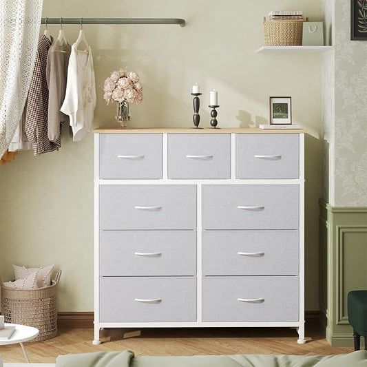 OLIXIS 9 Drawer Storage Dresser with Wood Top - Wide Fabric Chest Organizer for Bedroom, Closet, Living Room,Tower Cabinet, TV Stand, Hallway Entryway Furniture,Light Grey