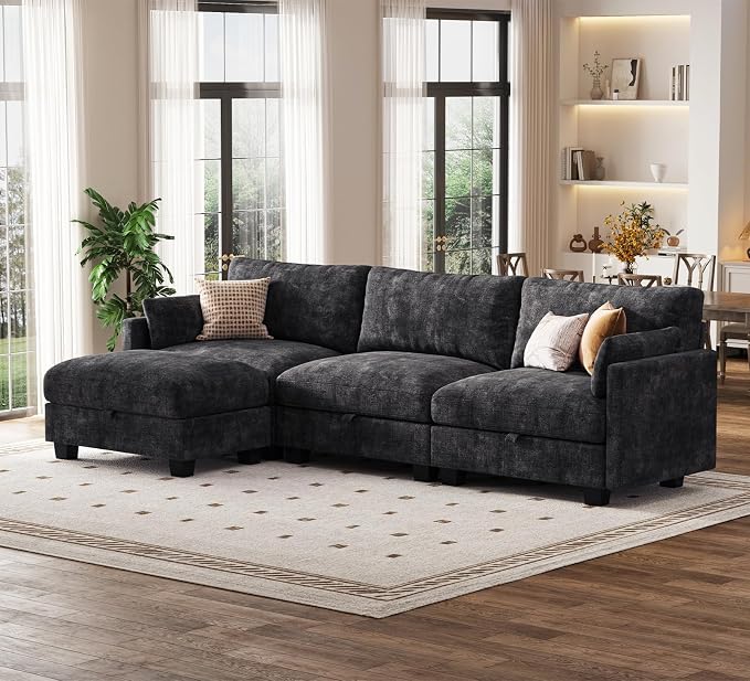 Modular Sectional L Shaped Sofa Couches for Living Room, Cloud Couch with Storage Ottoman, Comfy Chenille Sofa with Pillow, Black