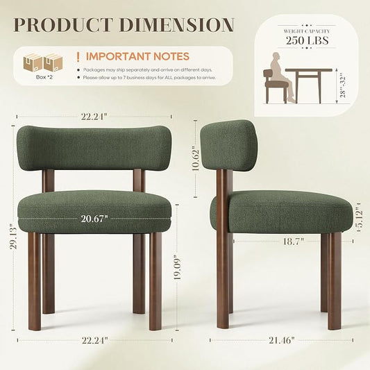 Wooden Dining Chairs Set of 6, Upholstered Kitchen Chairs with Solid Wood Legs, Mid Century Dining Room Chair with Ergonomic Curved Backrest for Kitchen Dining Vanity, Green