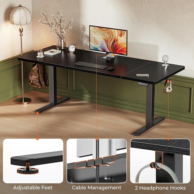 Huuger 71 x 30 Large Electric Standing Desk, Height Adjustable Computer Desk, 29.5" Deep Desktop, Stand up Gaming Office Table with 2 Hooks, 3 Preset Heights, for Home Office, Black