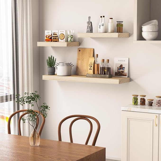 Vivelove Natural Wood Floating Shelves 48”,8 inch Deep Floating Shelf with Invisible Brackets, Unfinished Wall Shelves for Living Room, Bathroom, Kitchen, Bedroom, Home Decor, Set of 1 - Natural