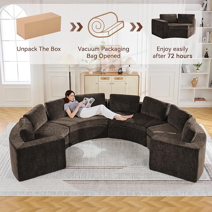 WUTUTUEE 142'' Curved Round Boneless Couch, Oversized Half Moon Sofa with Deep Seat & Arms, Chenille Modular Sectional Sofa with Pillows, Upholstered Comfy 8 Seat Couch for Living Room, Brown