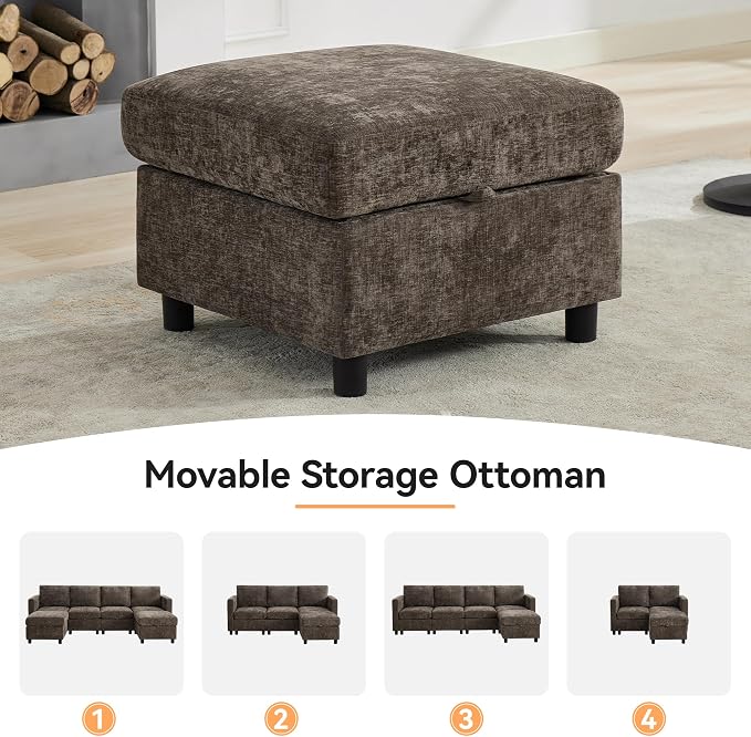 WUTUTUEE 107'' Modular Sectional Sofa Convertible U Shaped Sofa Couch Set with Storage for Living Room, Modern 6 Seater Modular Sectional Couch with Movable Ottoman, Chenille Brown